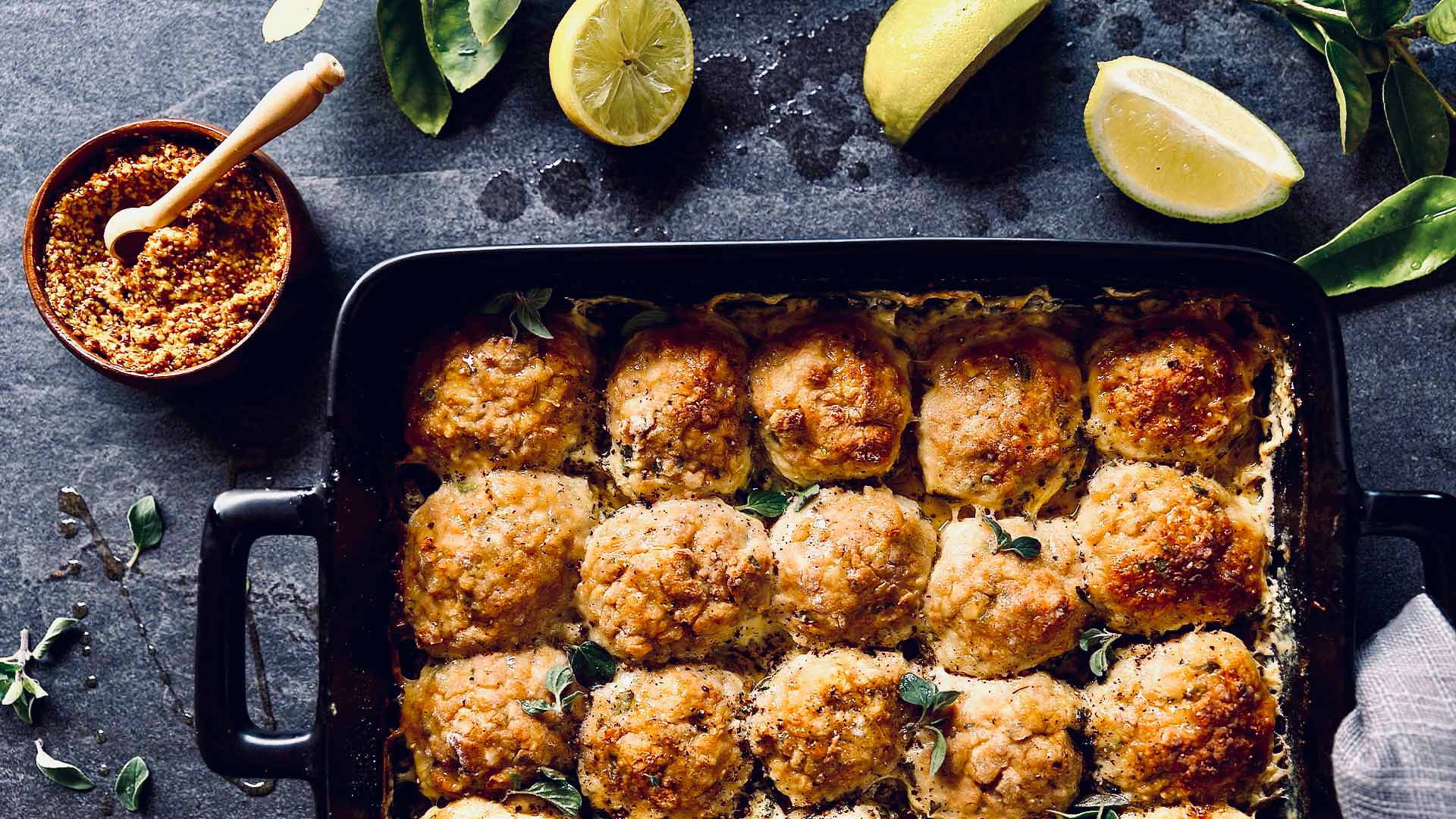 Lemon and herb meatballs baked in cream