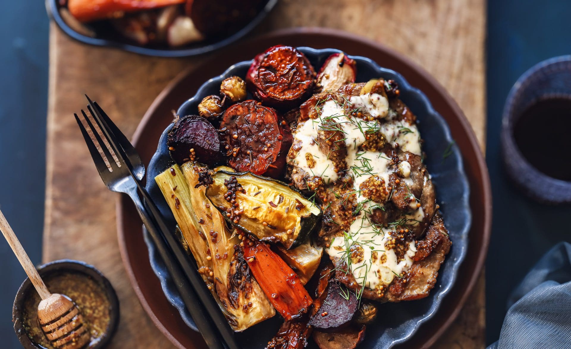 Honey and Mustard Pork Neck Steaks with Root Vegetables