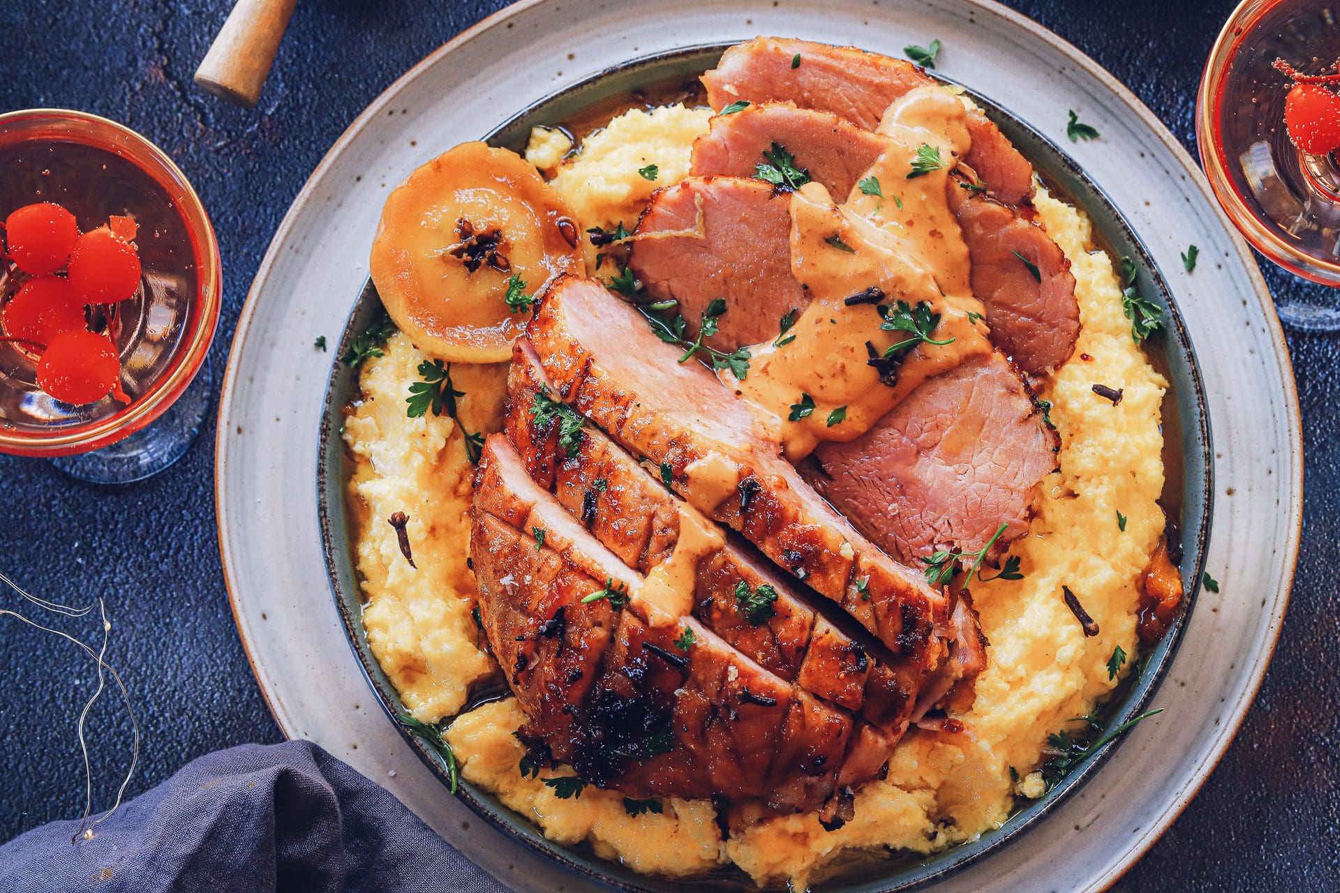 Ginger Gammon with Creamy Polenta or Mash, Apple Chutney and Rich Gravy